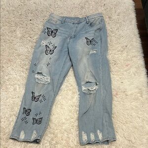 SHEIN Light Blue Distressed Butterfly Wide-Leg Jeans